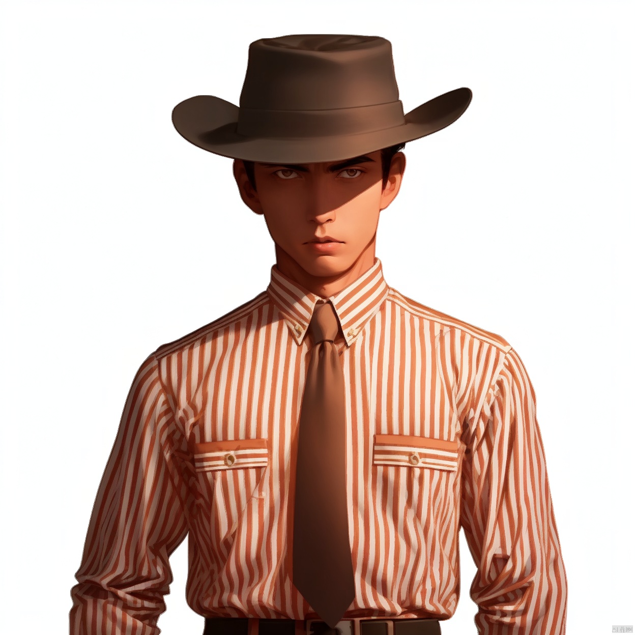 (white background:1.2),looking at viewer,(SOLO:1.4),outline,simple background,upper body, cowboy shot,looking at viewer,,outline,
(((arms at side))), 

necktie, employee uniform, shoes, belt, suit, uniform,vertical-striped shirt, striped shirt, pinstripe suit, pants, shirt, striped, hat