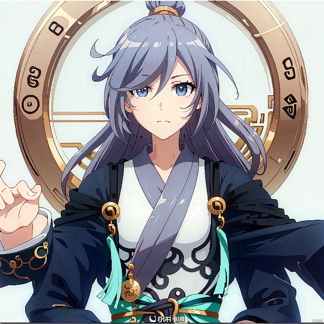  (masterpiece:1.3),(the best quality:1.2),(super fine illustrations:1.2),(Masterpiece),high quality,high detail,((white background:1.2)),looking at viewer,(SOLO:1.4),outline,simple background,fullbody,, long sleeves, wide sleeves,fu hua,hair between eyes,ponytail,ornament,hair ornament,Grey hair,Chinese clothes,taoist robes, boots, long hair, blue eyes