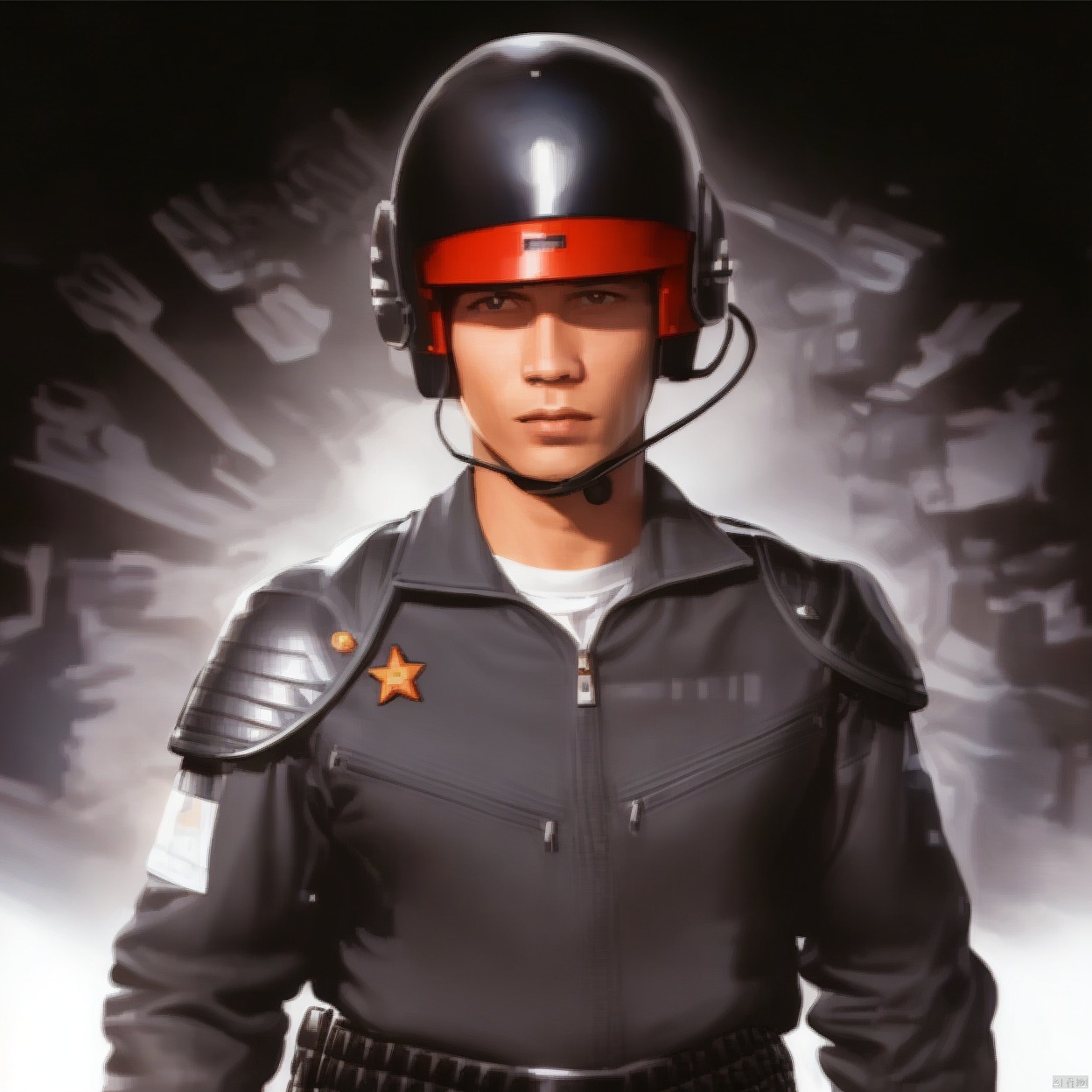 (white background:1.2),looking at viewer,(SOLO:1.4),outline,simple background,upper body, cowboy shot,looking at viewer,,outline,
(((arms at side))), 
collar, choker,belt,boots,emblem,military uniform,logo,pants,armor,uniform,bodysuit,choker,belt pouch, jacket, collar, helmet, gloves, fingerless gloves, belt, logo,1boy, belt