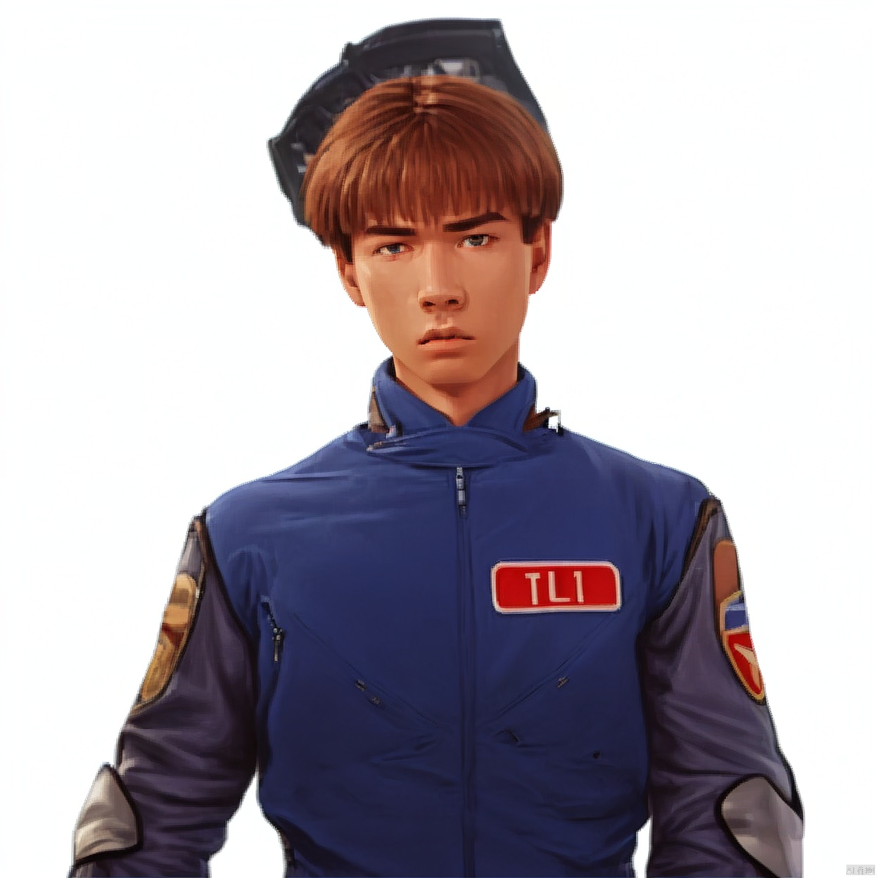 (white background:1.2),looking at viewer,(SOLO:1.4),outline,simple background,upper body, cowboy shot,looking at viewer,,outline,
(((arms at side))), 
collar, choker,belt,boots,emblem,military uniform,logo,pants,armor,uniform,bodysuit,choker,belt pouch, jacket, collar, helmet, gloves, fingerless gloves, belt, logo,1boy, belt