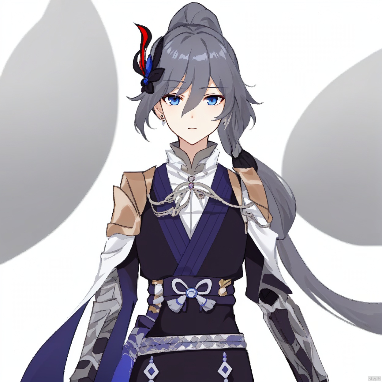 (white background:1.2),looking at viewer,(SOLO:1.4),outline,simple background,upper body, cowboy shot,looking at viewer,,outline,
(((arms at side))), blue eyes,long hair,multicolored hair,japanese armor,jewelry,earrings,grey hair,ponytail,fu hua,hair flower,braid,gradient hair,long sleeves,hair ornament,hair between eyes