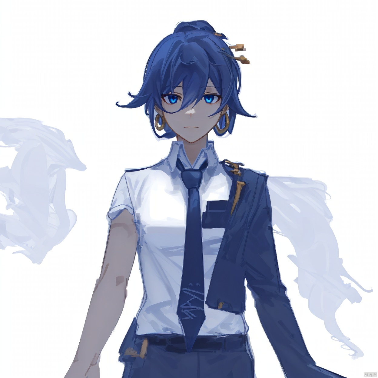 (white background:1.2),looking at viewer,(SOLO:1.4),outline,simple background,upper body, cowboy shot,looking at viewer,,outline,
(((arms at side))),jacket on shoulders,hair rings,collared shirt,white shirt,hair between eyes,blue necktie,hair ornament,braid,hair stick,blue eyes,jewelry,belt,earrings