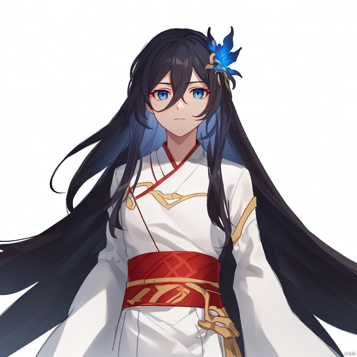 (white background:1.2),looking at viewer,(SOLO:1.4),outline,simple background,upper body, cowboy shot,looking at viewer,,outline,
(((arms at side))),fu hua, coat,hakama skirt,hanfu,dress,hair between eyes,multicolored hair,hair ornament,very long hair,blue eyes