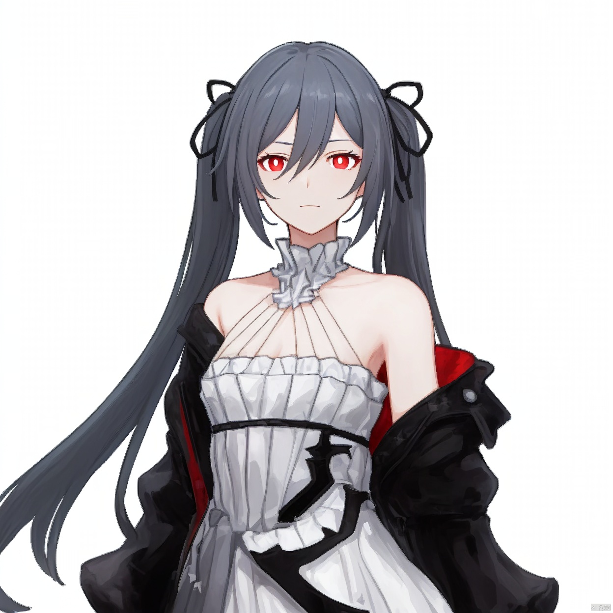 (white background:1.2),looking at viewer,(SOLO:1.4),outline,simple background,upper body, cowboy shot,looking at viewer,,outline,
(((arms at side))),bare shoulders,off shoulder,hair between eyes,white dress,twintails,very long hair,hair ornament,red eyes,hair ribbon,black jacket,bright pupils
