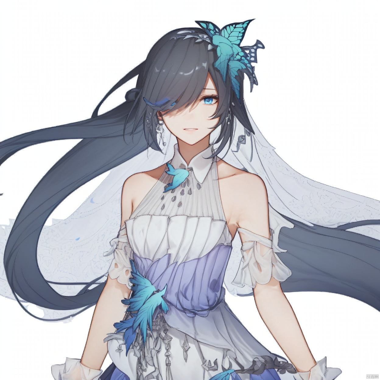 (white background:1.2),looking at viewer,(SOLO:1.4),outline,simple background,upper body, cowboy shot,looking at viewer,,outline,
(((arms at side))), long hair,blue butterfly,blue eyes,very long hair,hair ornament,white dress,wedding dress,butterfly hair ornament,flower,feathers,skirt hold,bare shoulders,armpits,striped,collarbone,off shoulder