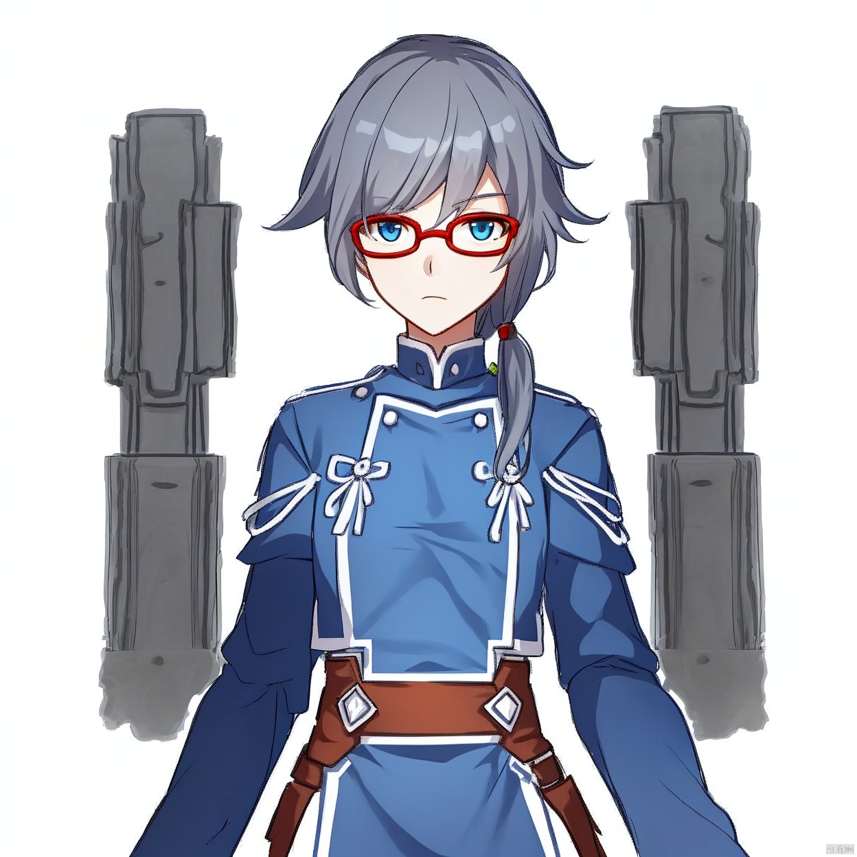 (white background:1.2),looking at viewer,(SOLO:1.4),outline,simple background,upper body, cowboy shot,looking at viewer,,outline,
(((arms at side))), hair ornament,low ponytail,tied long hair,blue jacket,grey hair,hair between eyes,red,framed eyewear,fu hua,blue eyes,bangs