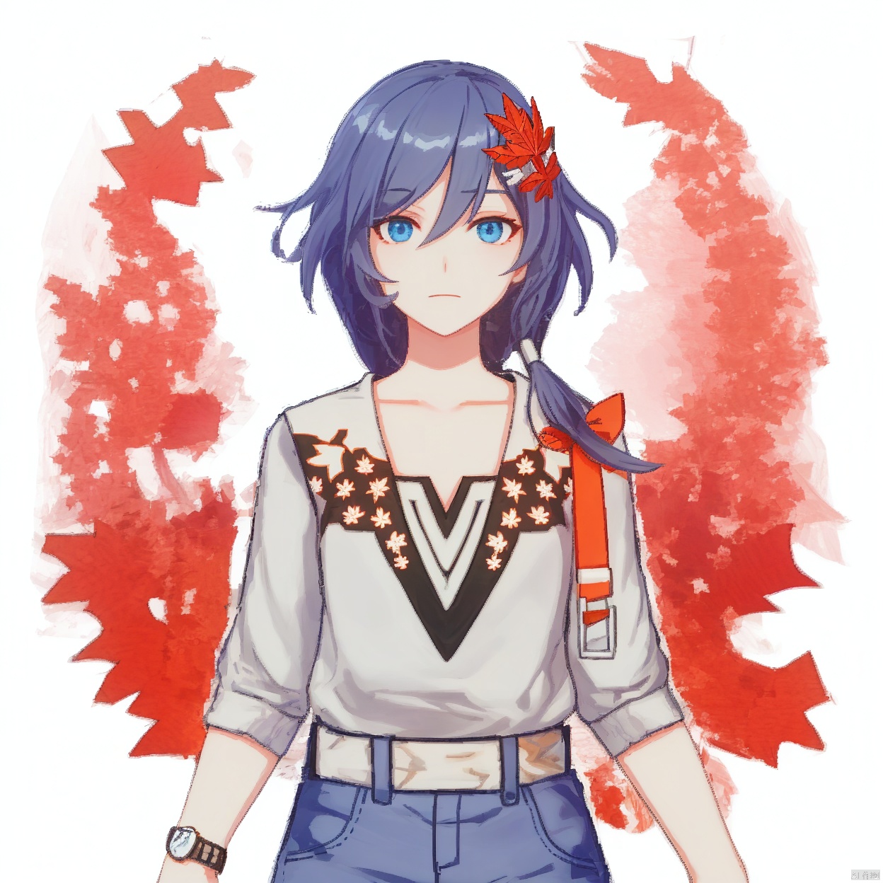 (white background:1.2),looking at viewer,(SOLO:1.4),outline,simple background,upper body, cowboy shot,looking at viewer,,outline,
(((arms at side))), autumn leaves,hair ornament,wristwatch,shirt,bracelet,maple leaf,low ponytail,hair flower,leaf hair ornament,leaf print,hair between eyes,braid,short sleeves,backpack