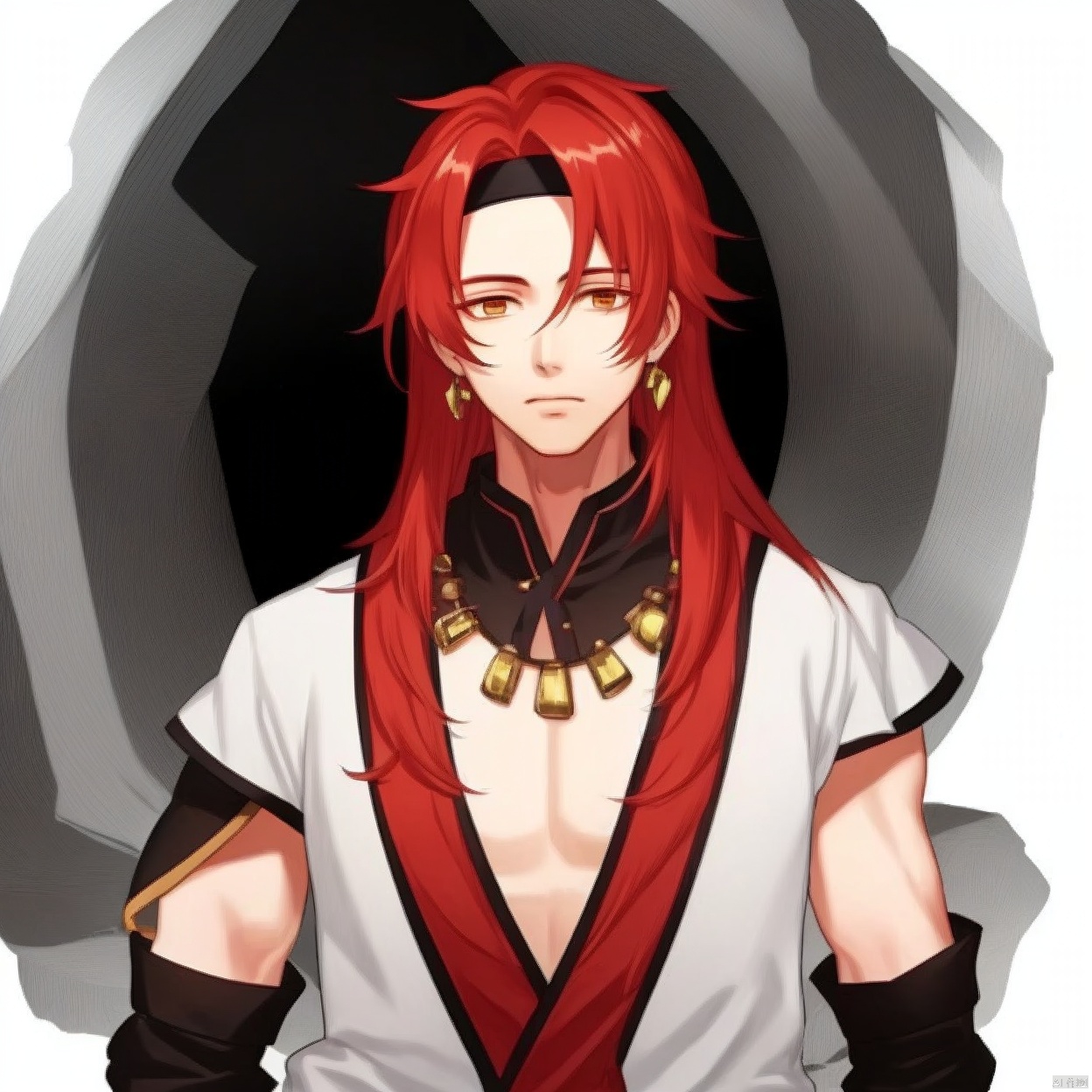(white background:1.2),looking at viewer,(SOLO:1.4),outline,simple background,upper body, cowboy shot,looking at viewer,,outline,
(((arms at side))),1boy,red hair,long hair,armor,messy hair,chinese clothes,hair ornament,bangs,headband,earrings,red shirt,necklace, jewelry
