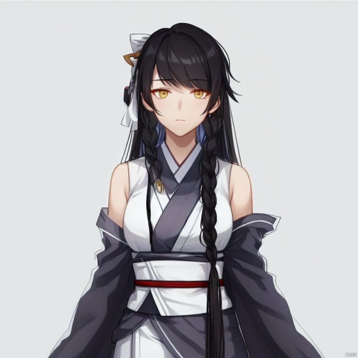 (white background:1.2),looking at viewer,(SOLO:1.4),outline,simple background,upper body, cowboy shot,looking at viewer,,outline,
(((arms at side))), braid,detached sleeves,white ribbon,hair ornament,long sleeves,single braid,braided ponytail,hair over shoulder,necktie,hair bow,off shoulder,bare shoulders,sleeveless,kimono,sash,bangs,chinese clothes,japanese clothes,long hair,black hair,very long hair