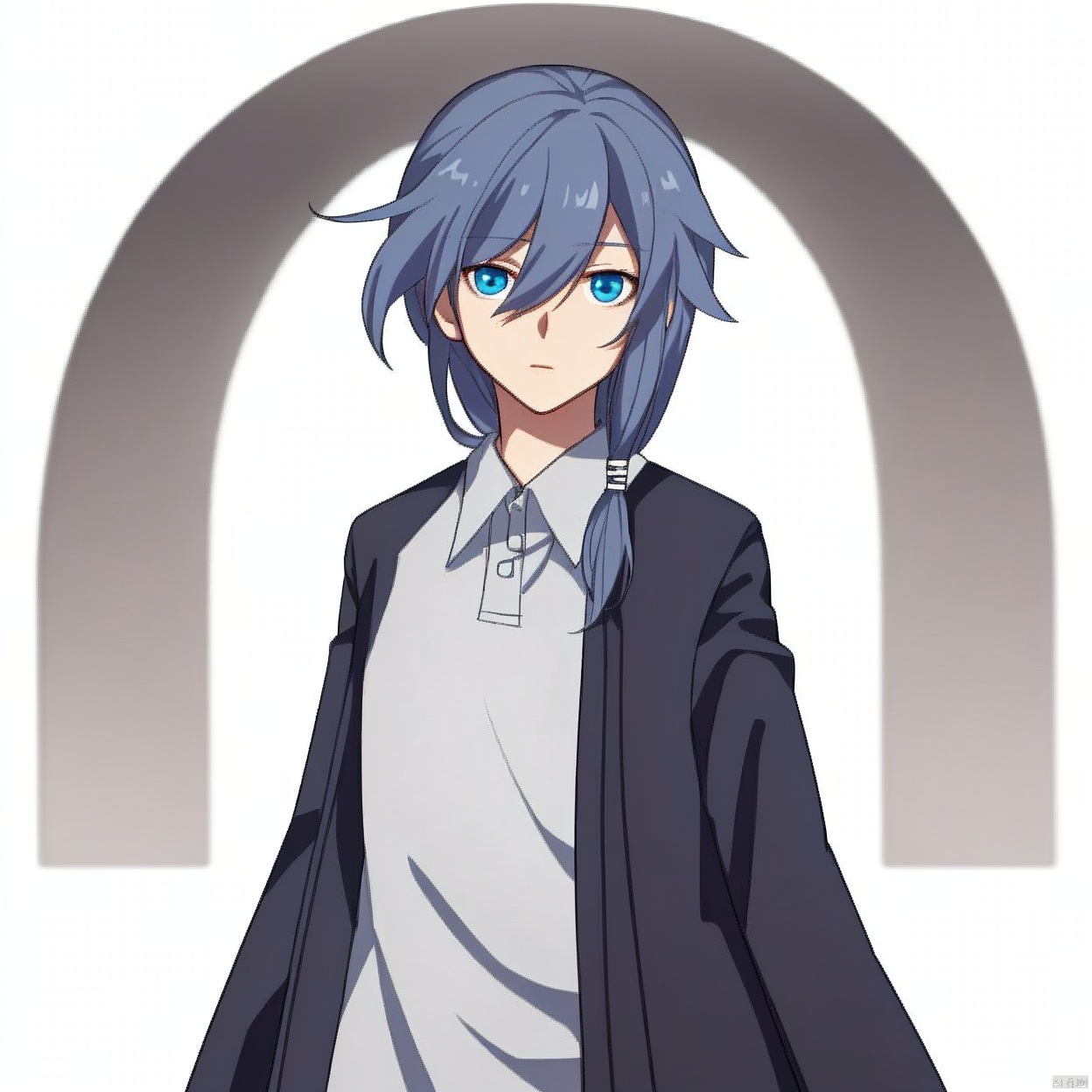 (white background:1.2),looking at viewer,(SOLO:1.4),outline,simple background,upper body, cowboy shot,looking at viewer,,outline,
(((arms at side))), long hair,(((jacket))),white shirt,blue eyes,hair between eyes,hair flaps,fu hua,collared shirt,white sailor collar,short sleeves