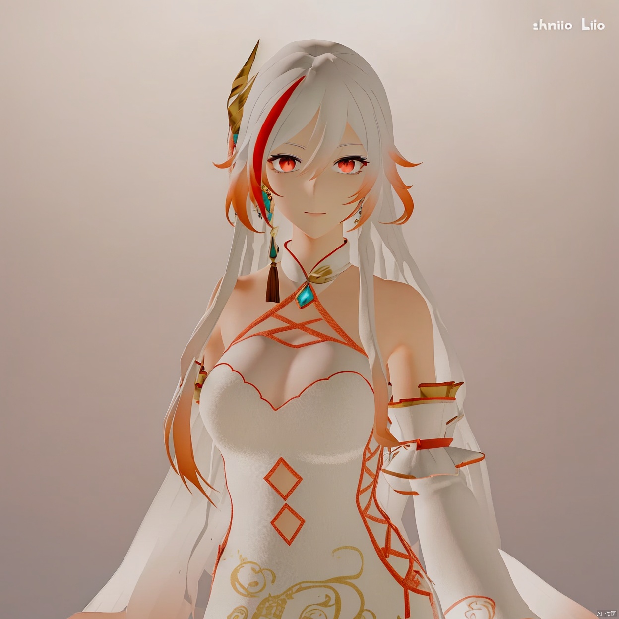 (white background:1.2),looking at viewer,(SOLO:1.4),outline,simple background,upper body, cowboy shot,looking at viewer,,outline,
(((arms at side))), jewelry,long hair,multicolored hair,detached sleeves,dress,fu hua,bare shoulders,long sleeves,hair between eyes,wide sleeves,red eyes,bangs,white dress,hair ornament,braid,streaked hair,china dress,gem,very long hair,white hair,chinese clothes