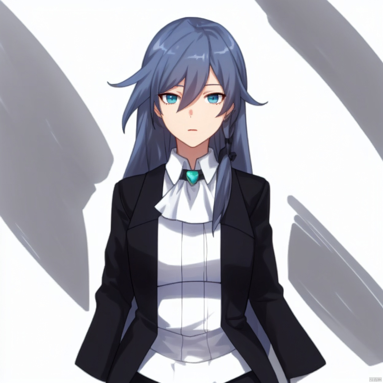 (white background:1.2),looking at viewer,(SOLO:1.4),outline,simple background,upper body, cowboy shot,looking at viewer,,outline,
(((arms at side))), long hair,blue eyes,hair flaps,white shirt,black jacket,black pants,multicolored hair,very long hair,single braid,grey hair,suit,bowtie,hair between eyes