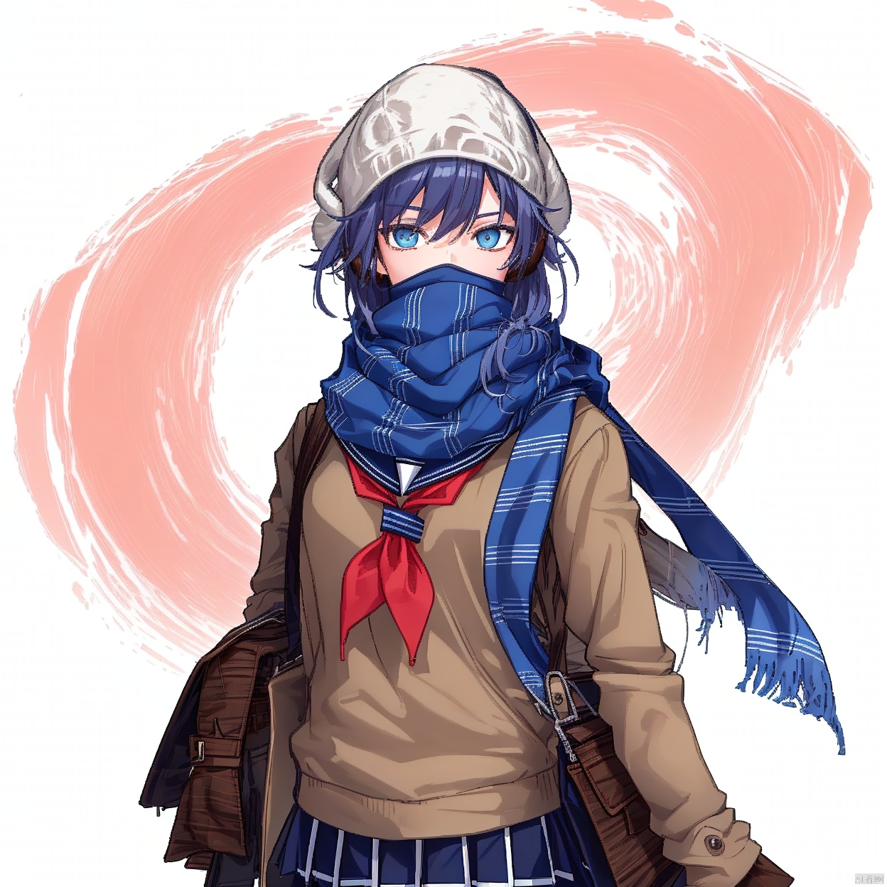 (white background:1.2),looking at viewer,(SOLO:1.4),outline,simple background,upper body, cowboy shot,looking at viewer,,outline,
(((arms at side))), scarf,skirt,bag,school bag,school uniform,blue skirt,shoulder bag,((serafuku, neckerchief,(white earmuffs),fu hua,blue_eyes,hair_between_eyes,pleated skirt,scarf over mouth