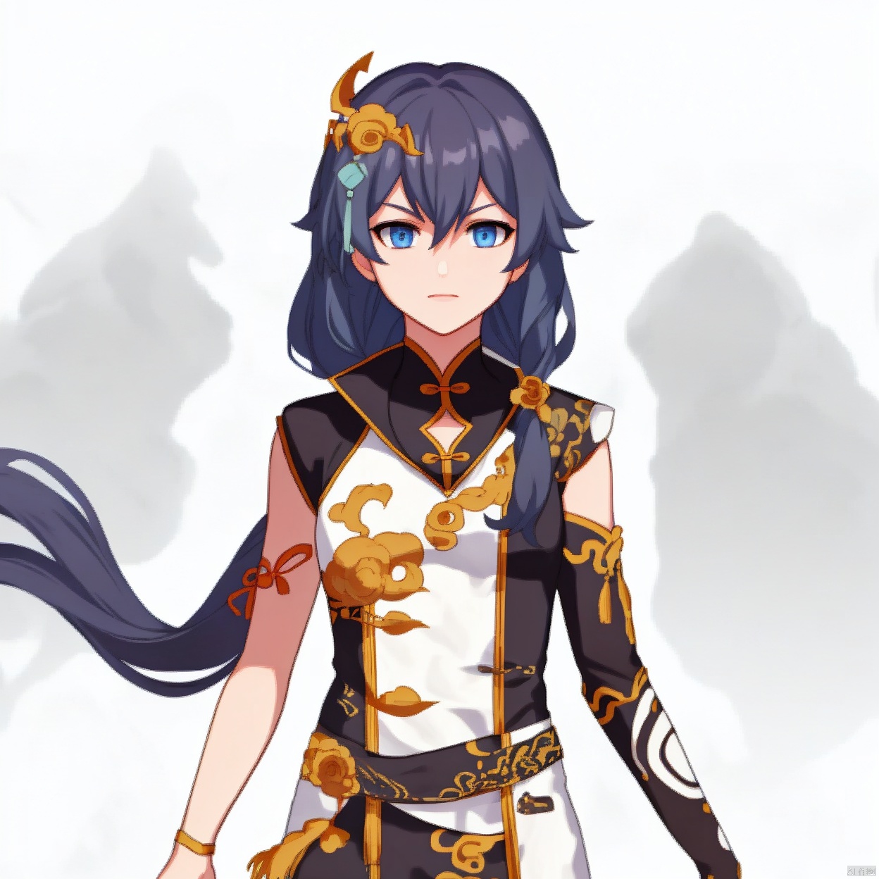 (white background:1.2),looking at viewer,(SOLO:1.4),outline,simple background,upper body, cowboy shot,looking at viewer,,outline,
(((arms at side))), long hair,two,sided skirt,jewelry,hair ornament,very long hair,hair flaps,skirt around one leg,fu hua,detached sleeves,chinese clothes,hair bell,crescent hair ornament,hair between eyes,collar