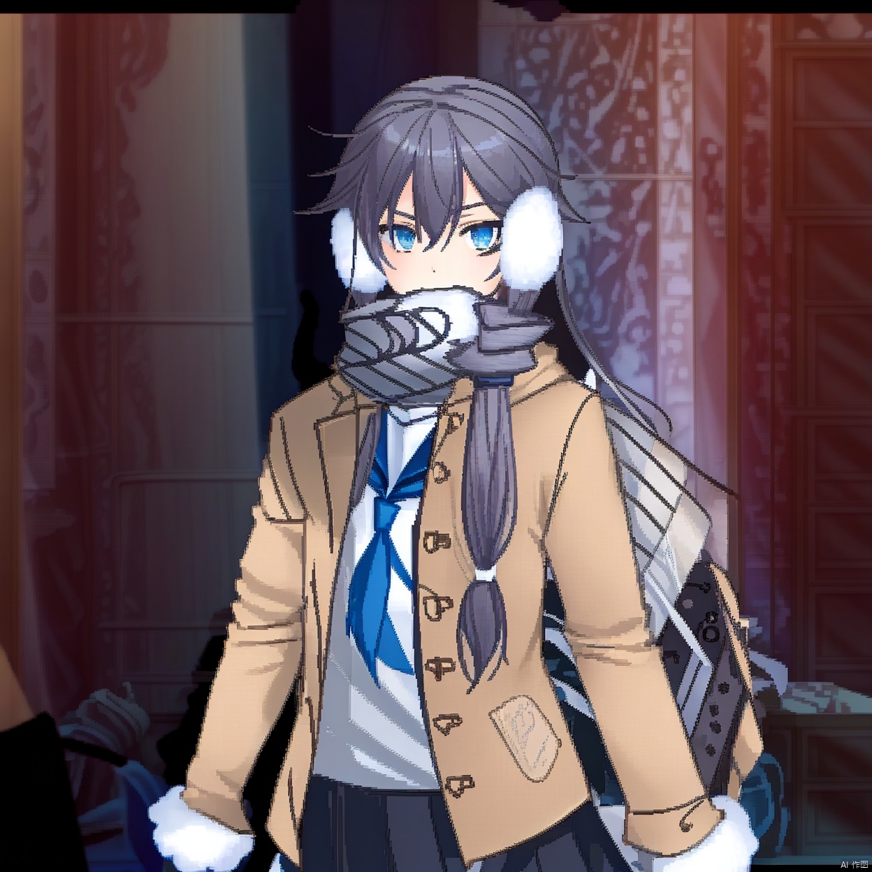 (white background:1.2),looking at viewer,(SOLO:1.4),outline,simple background,upper body, cowboy shot,looking at viewer,,outline,
(((arms at side))), scarf,skirt,bag,school bag,school uniform,blue skirt,shoulder bag,((serafuku, neckerchief,(white earmuffs),fu hua,blue_eyes,hair_between_eyes,pleated skirt,scarf over mouth