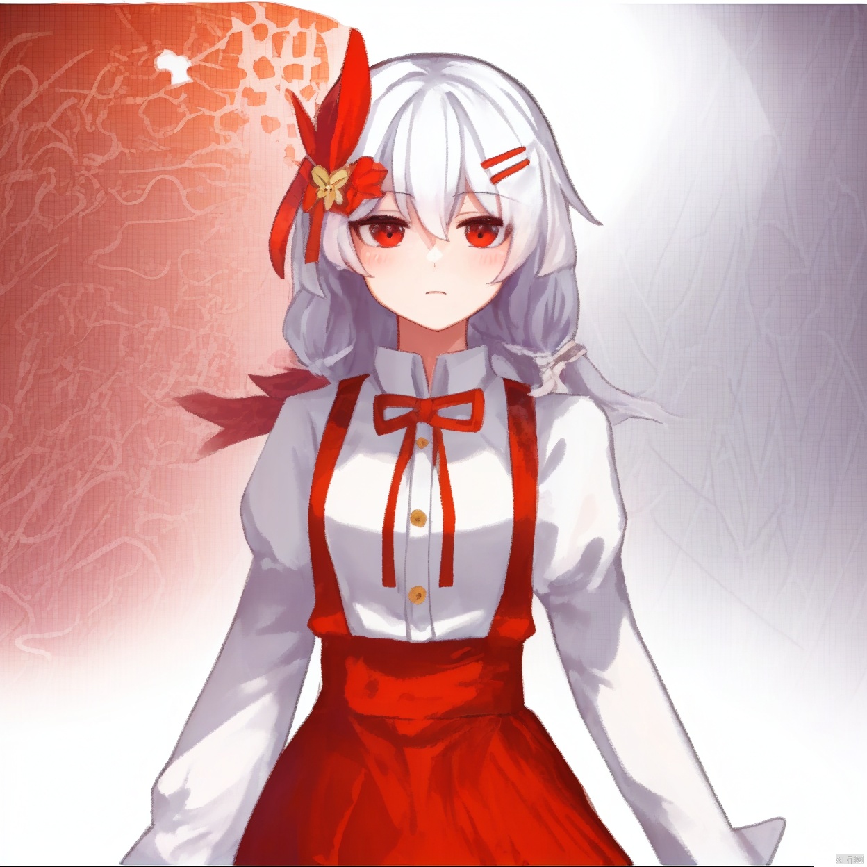 (white background:1.2),looking at viewer,(SOLO:1.4),outline,simple background,upper body, cowboy shot,looking at viewer,,outline,
(((arms at side))),long hair,white hair,red eyes, hair ornament,short sleeves,hair between eyes,red hair,multicolored hair,very long hair,hairclip,bangs,red skirt,red ribbon,suspender skirt,pink hair,chibi,puffy short sleeves,white shirt,collared shirt