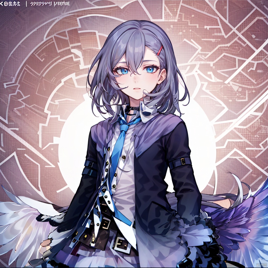 (white background:1.2),looking at viewer,(SOLO:1.4),outline,simple background,full body,looking at viewer,(((arms at side))), feathered wings,wings,angel wings,bangs,thighhighs,high heels,boots,bird tail,bird wings,choker,white shirt,skirt,belt buckle,necktie,holding eyewear,open jacket,thigh holster,thigh strap,hair between eyes,jacket,blue eyes,belt,long hair,hairclip