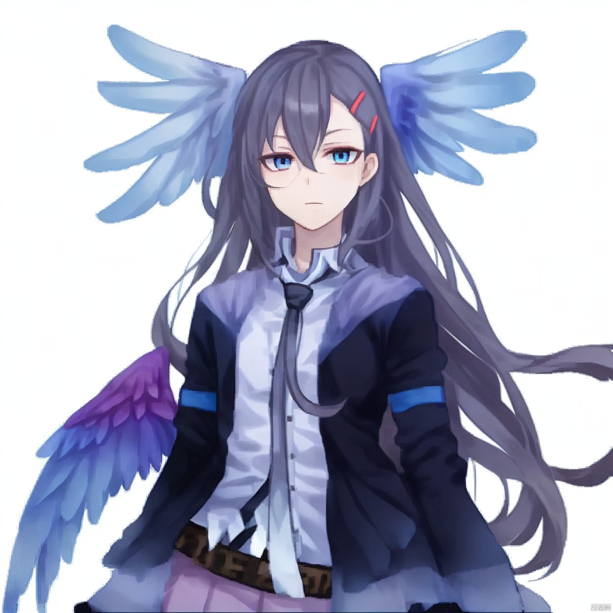 (white background:1.2),looking at viewer,(SOLO:1.4),outline,simple background,upper body, cowboy shot,looking at viewer,,outline,
(((arms at side))), feathered wings,angel wings,bangs,bird tail,bird wings,choker,white shirt,skirt,necktie,hair between eyes,blue eyes,long hair,hairclip,jacket