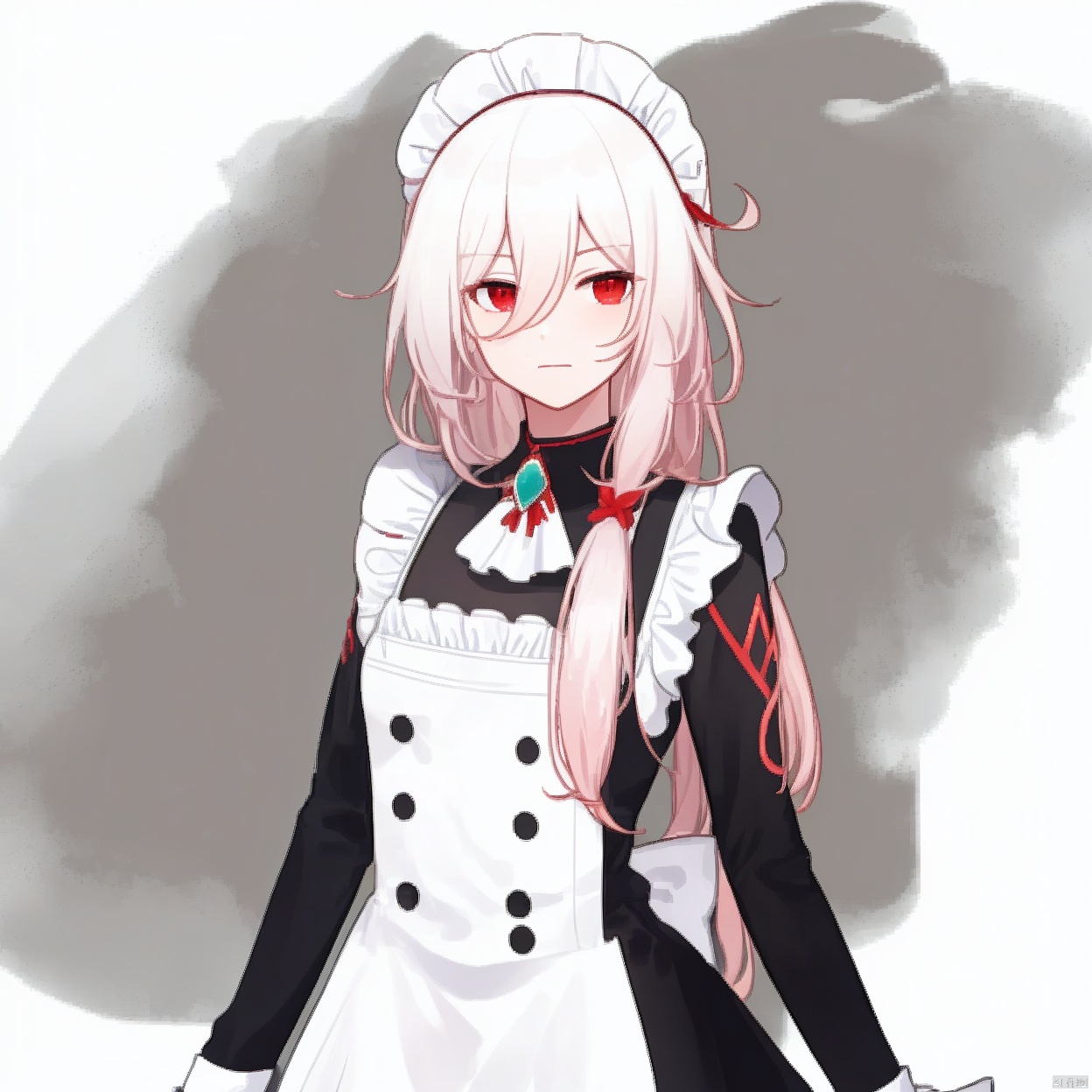 (white background:1.2),looking at viewer,(SOLO:1.4),outline,simple background,upper body, cowboy shot,looking at viewer,,outline,
(((arms at side))), red eyes,hair between eyes,white hair,maid headdress,bangs,hair ornament,braid,white apron,frilled apron,wa maid,red bow,black dress,maid apron,white gloves,low twintails,multicolored hair