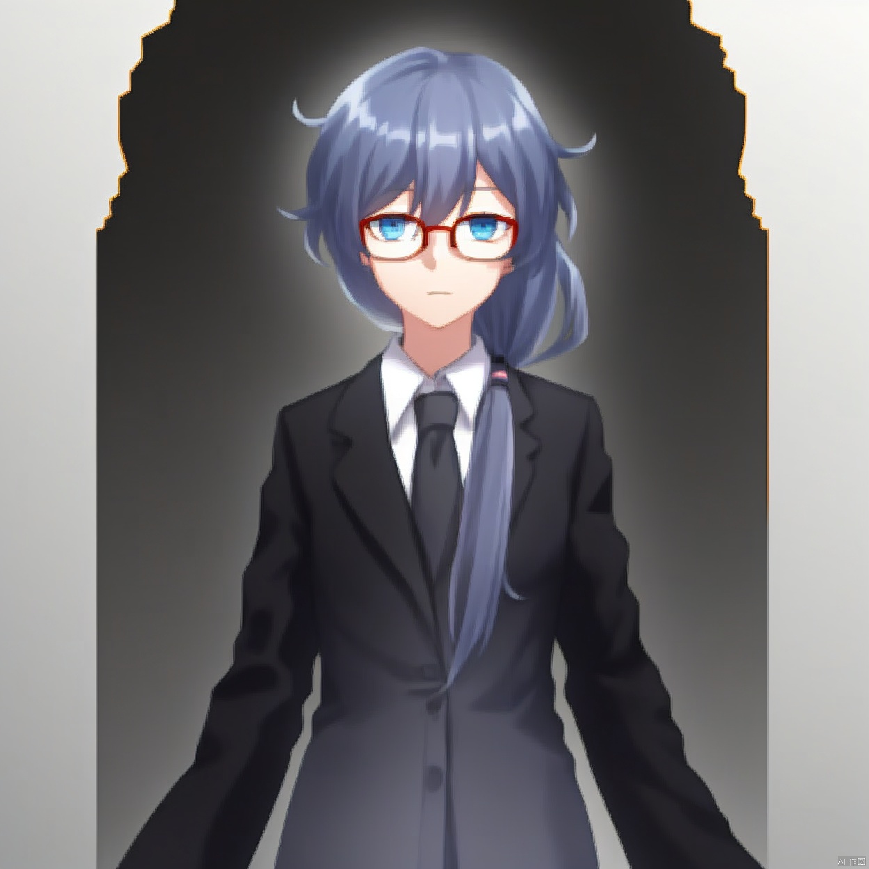 (white background:1.2),looking at viewer,(SOLO:1.4),outline,simple background,upper body, cowboy shot,looking at viewer,,outline,
(((arms at side))), glasses,suit,long hair,shirt,necktie,jacket,blue eyes,white shirt,fu hua,white gloves,hair between eyes,black,framed eyewear,long sleeves,low ponytail