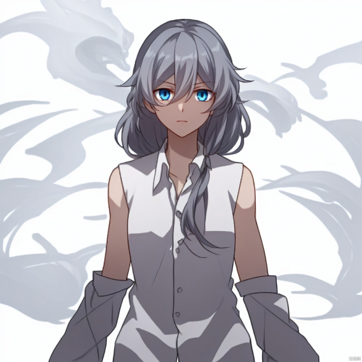 (white background:1.2),looking at viewer,(SOLO:1.4),outline,simple background,upper body, cowboy shot,looking at viewer,,outline,
(((arms at side))), blue eyes,fu hua,hair between eyes,low,tied long hair,long sleeves,dirty clothes,white shirt,grey hair,bangs