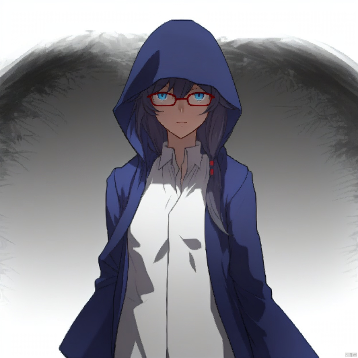 (white background:1.2),looking at viewer,(SOLO:1.4),outline,simple background,upper body, cowboy shot,looking at viewer,,outline,
(((arms at side))),red,framed eyewear,blue eyes,bangs,long sleeves,blue jacket,hair between eyes,fu hua,messy hair,hooded jacket,hood down,side ponytail,puffy sleeves,low ponytail,grey hair,coat,white shirt