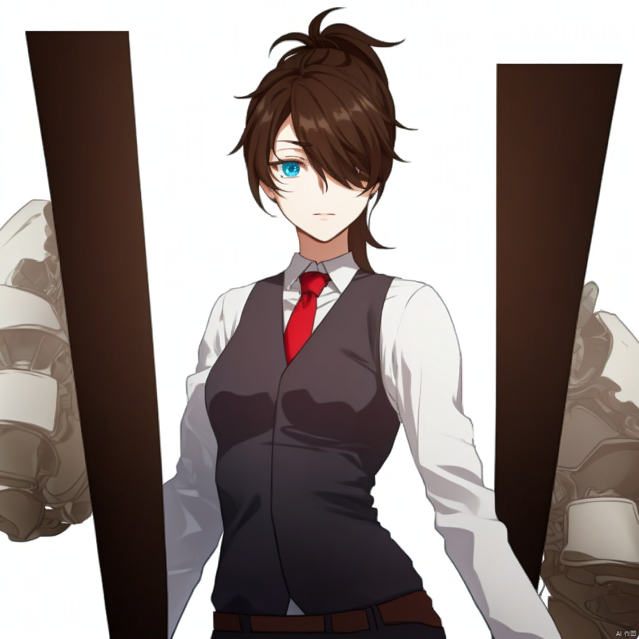 (white background:1.2),looking at viewer,(SOLO:1.4),outline,simple background,upper body, cowboy shot,looking at viewer,,outline,
(((arms at side))),long hair,brown hair,hair over one eye,ponytail,shirt,vest,red necktie,white shirt