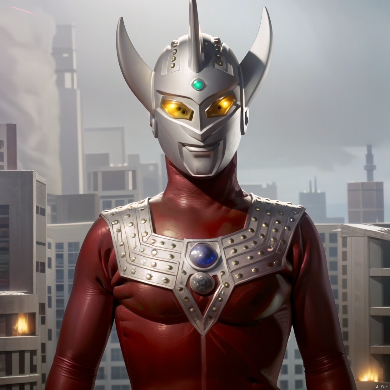 glowing, belt, armor,helmet,red footwear,red tight-fitting,silver pattern on body,bodysuit,gem,plugsuit,mask,cover,logo,boots,gloves,red legwear,red gloves,red bodysuit,leather suit,ultraman,latex