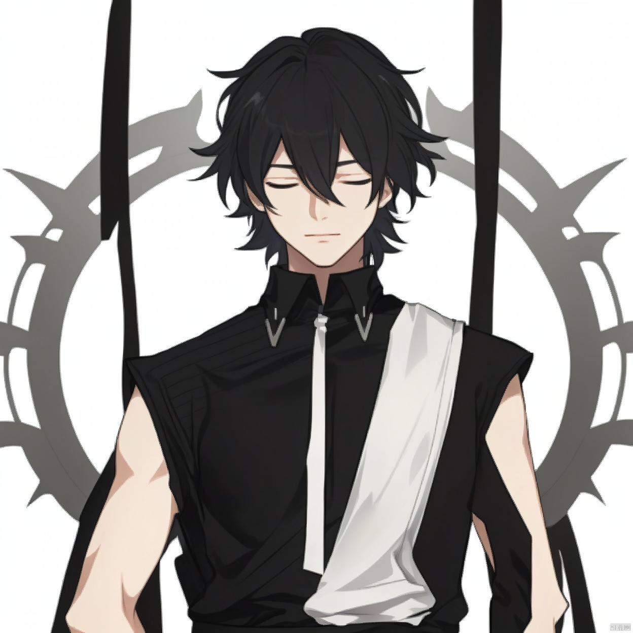 (white background:1.2),looking at viewer,(SOLO:1.4),outline,simple background,upper body, cowboy shot,looking at viewer,,outline,
(((arms at side))), 1boy,belt,black hair,black shirt,closed eyes,hair between eyes,hair ornament,jewelry
