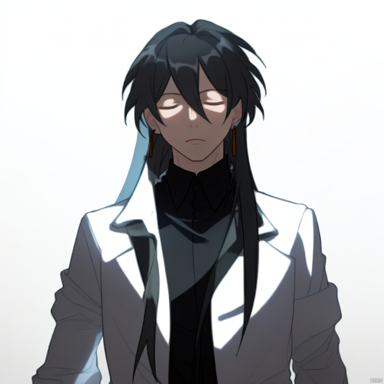 (white background:1.2),looking at viewer,(SOLO:1.4),outline,simple background,upper body, cowboy shot,looking at viewer,,outline,
(((arms at side))), 1boy,belt,black hair,black shirt,(((closed eyes))),earrings,glowstick,hair between eyes,hair ornament,hair stick,jacket,jewelry,long hair,male focus