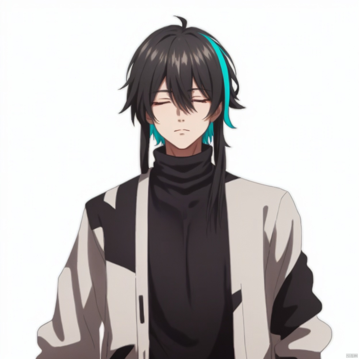 (white background:1.2),looking at viewer,(SOLO:1.4),outline,simple background,upper body, cowboy shot,looking at viewer,,outline,
(((arms at side))), turtleneck,multicolored hair,hair between eyes,closed eyes,jacket,streaked hair,hair stick,hair ornament,collared shirt,black shirt