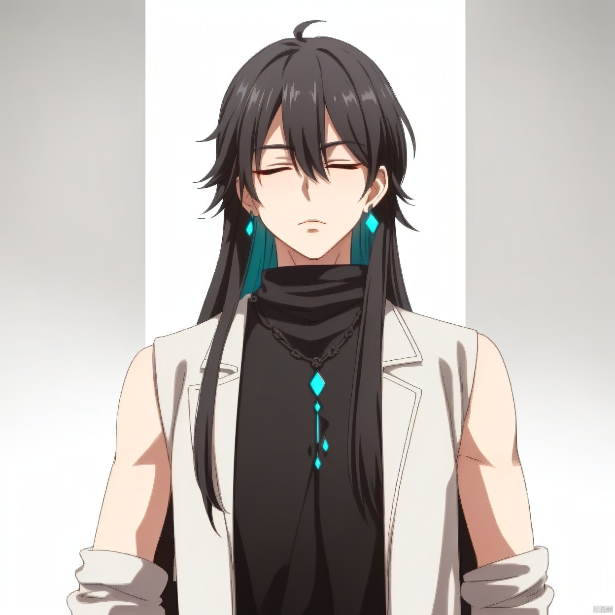(white background:1.2),looking at viewer,(SOLO:1.4),outline,simple background,upper body, cowboy shot,looking at viewer,,outline,
(((arms at side))), turtleneck,closed eyes,multicolored hair,hair between eyes,coat,long hair,jacket,earrings,streaked hair,hair stick,hair ornament,black shirt