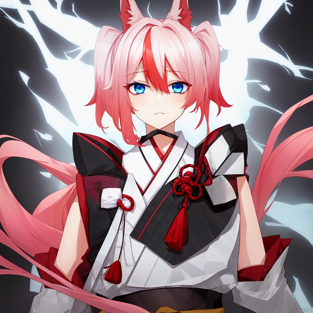 
twintails, fox ears, kimono, sakura miko, japanese clothes, streaked hair, red hair, detached sleeves, hair ornament, multicolored hair, animal ears,pink_hair, hair_between_eyes, blue eyes