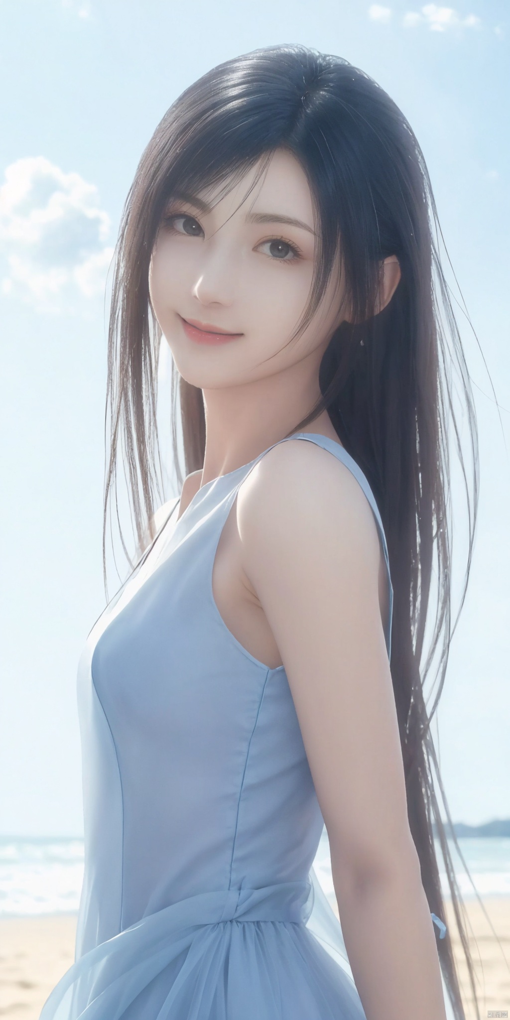 best quality, masterpiece, realistic,cowboy short,(Good structure), DSLR Quality,Depth of field,kind smile,looking_at_viewer,Dynamic pose, , Blue sky and white clouds on the beach,Masterpiece, (ultra wide angle lens: 1.2), Unity8k wallpaper, best quality, (detail shadow: 1.1), a beautiful girl, on a sea of light blue silk, translucent silk, floating light blue silk, surrealist style, minimalism, highly detailed texture, light blue, white clean background, CG rendering, light passing through clouds, 8k resolution, (motion photo: 1.2), (Fidelity: 1.4), original photos, movie lighting, 1girl,, , ,kind smile, , weddingdress, tifa,tifa lockhart,black hair