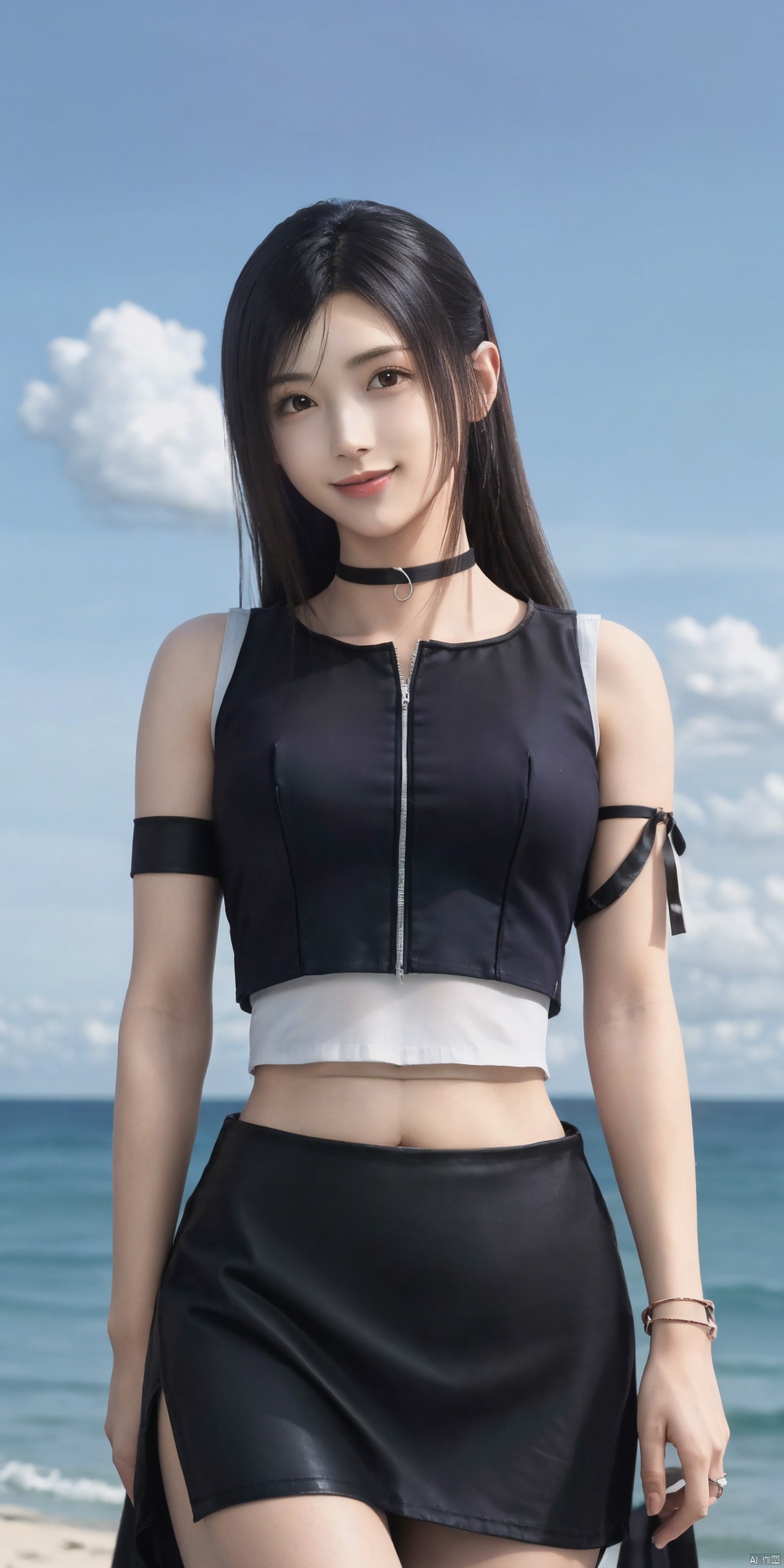 cowboy_shot,(good structure), dslr quality,short skirt,blue sky, white clouds, ocean, nai3, 1girl, solo, crop top, , choker, navel, shirt, midriff, crop top overhang, looking at viewer, white shirt, jewelry, breasts, bare shoulders, off-shoulder shirt, off shoulder, black choker, thighs, stomach, long hair, bracelet, short sleeves, ribbon, hand up, collarbone, hair ribbon, medium breasts, , bra strap, , hair ornament, thigh gap, necklace, expressionless, , ,kind smile, tifa,tifa lockhart,black hair