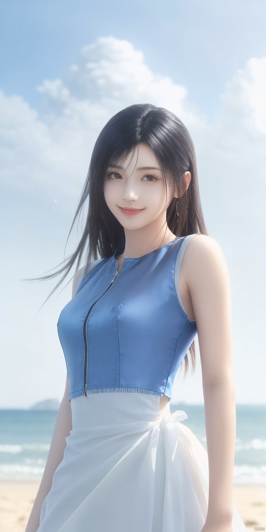 best quality, masterpiece, realistic,cowboy short,(Good structure), DSLR Quality,Depth of field,kind smile,looking_at_viewer,Dynamic pose, , Blue sky and white clouds on the beach,Masterpiece, (ultra wide angle lens: 1.2), Unity8k wallpaper, best quality, (detail shadow: 1.1), a beautiful girl, on a sea of light blue silk, translucent silk, floating light blue silk, surrealist style, minimalism, highly detailed texture, light blue, white clean background, CG rendering, light passing through clouds, 8k resolution, (motion photo: 1.2), (Fidelity: 1.4), original photos, movie lighting, 1girl,, , ,kind smile, , weddingdress, tifa,tifa lockhart,black hair