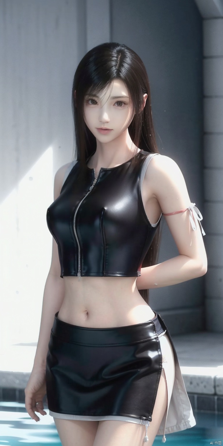 best quality, masterpiece, realistic,,(Good structure), DSLR Quality,Depth of field, ,looking_at_viewer,Dynamic pose,  pose for picture, 
1girl in the pool, showing her shoulders, Short top, ultra short skirt,wet,tifa lockhart,black hair