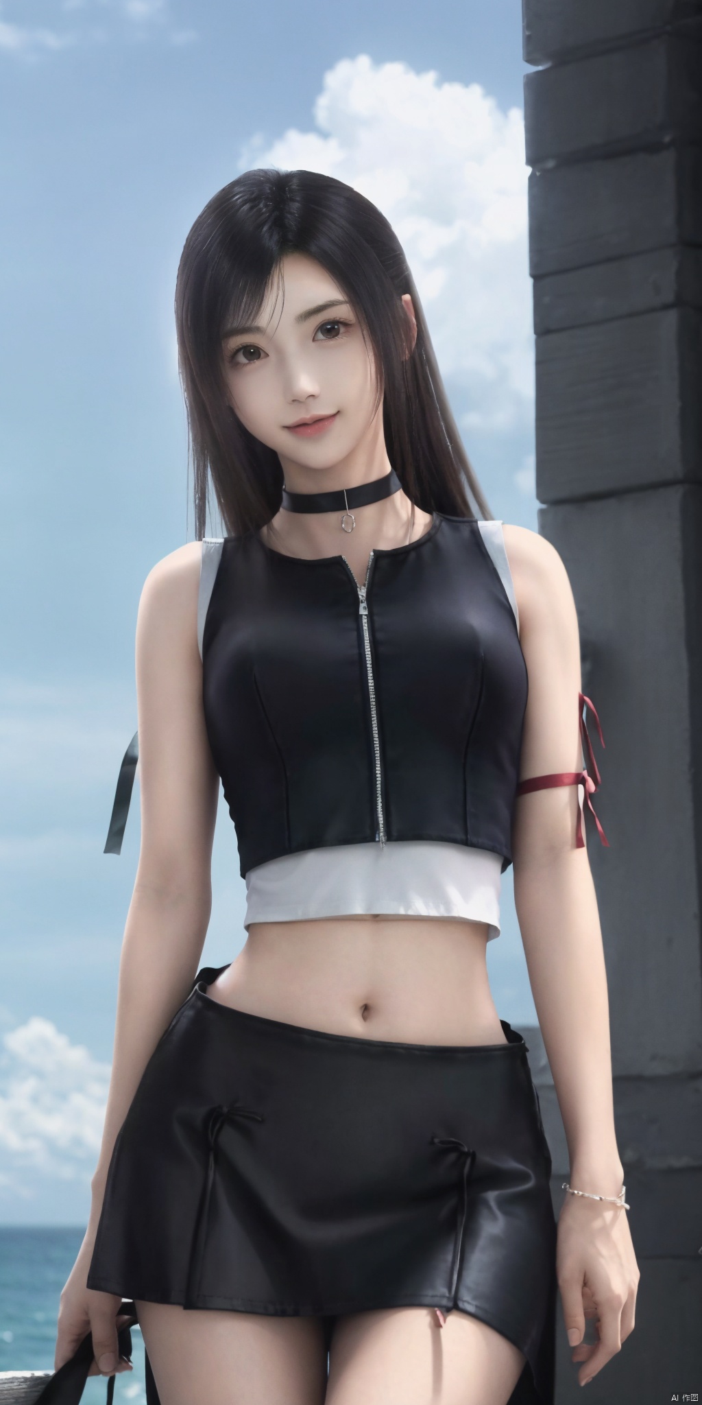 cowboy_shot,(good structure), dslr quality,short skirt,blue sky, white clouds, ocean, nai3, 1girl, solo, crop top, , choker, navel, shirt, midriff, crop top overhang, looking at viewer, white shirt, jewelry, breasts, bare shoulders, off-shoulder shirt, off shoulder, black choker, thighs, stomach, long hair, bracelet, short sleeves, ribbon, hand up, collarbone, hair ribbon, medium breasts, , bra strap, , hair ornament, thigh gap, necklace, expressionless, , ,kind smile, tifa,tifa lockhart,black hair