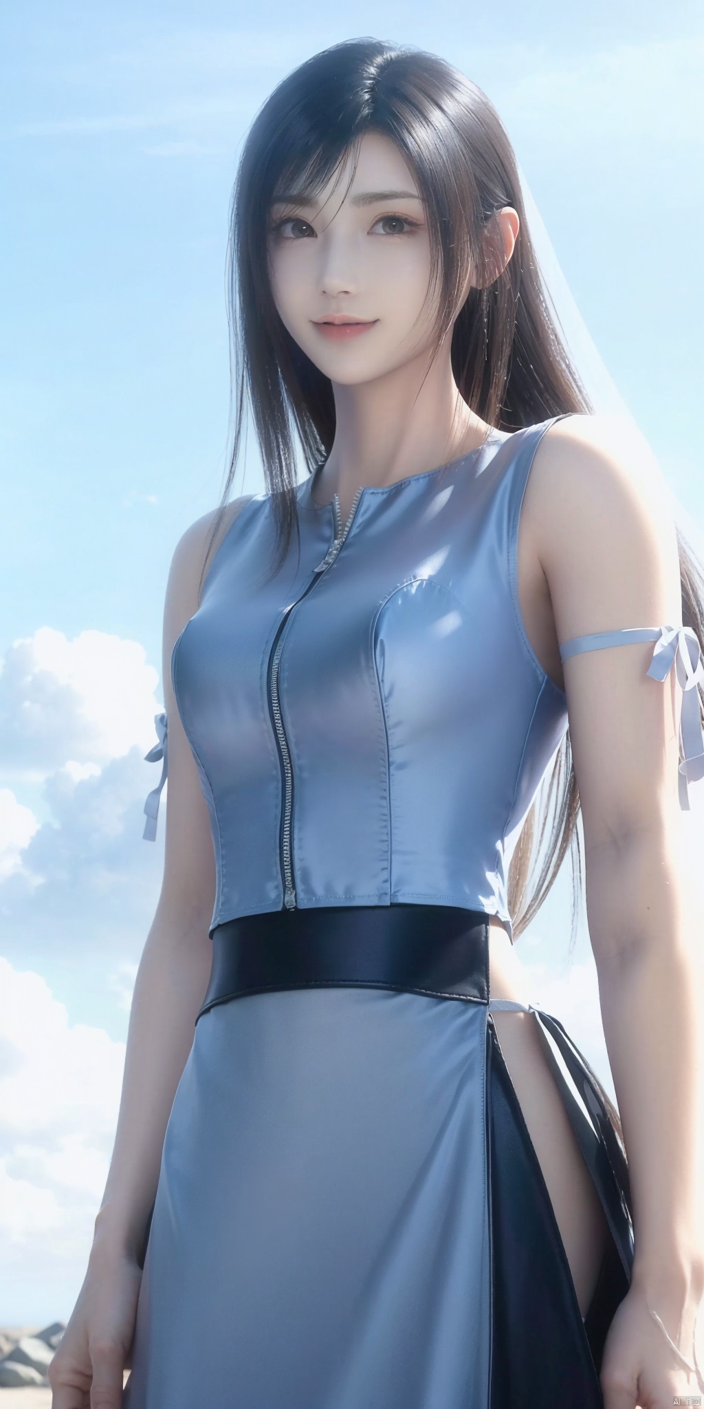 best quality, masterpiece, realistic,cowboy short,(Good structure), DSLR Quality,Depth of field,kind smile,looking_at_viewer,Dynamic pose, , Blue sky and white clouds on the beach,Masterpiece, (ultra wide angle lens: 1.2), Unity8k wallpaper, best quality, (detail shadow: 1.1), a beautiful girl, on a sea of light blue silk, translucent silk, floating light blue silk, surrealist style, minimalism, highly detailed texture, light blue, white clean background, CG rendering, light passing through clouds, 8k resolution, (motion photo: 1.2), (Fidelity: 1.4), original photos, movie lighting, 1girl,, , ,kind smile, , weddingdress, tifa,tifa lockhart,black hair