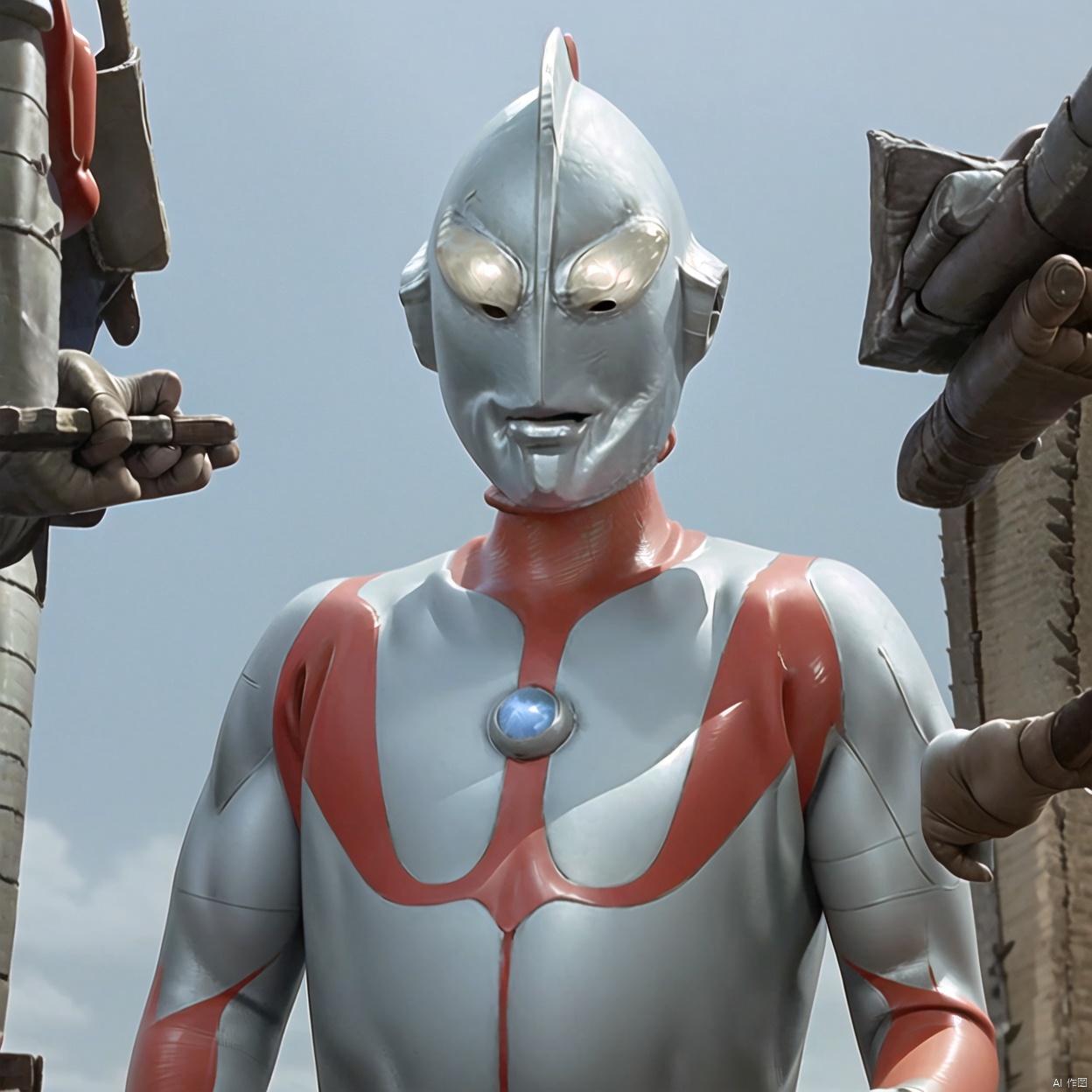 
white bodysuit,white gloves,legwear,gloves,boots,logo,cover,mask,plugsuit,gem,bodysuit,red pattern on body,white tight-fitting,white footwear,helmet,leather suit,ultraman,latex,