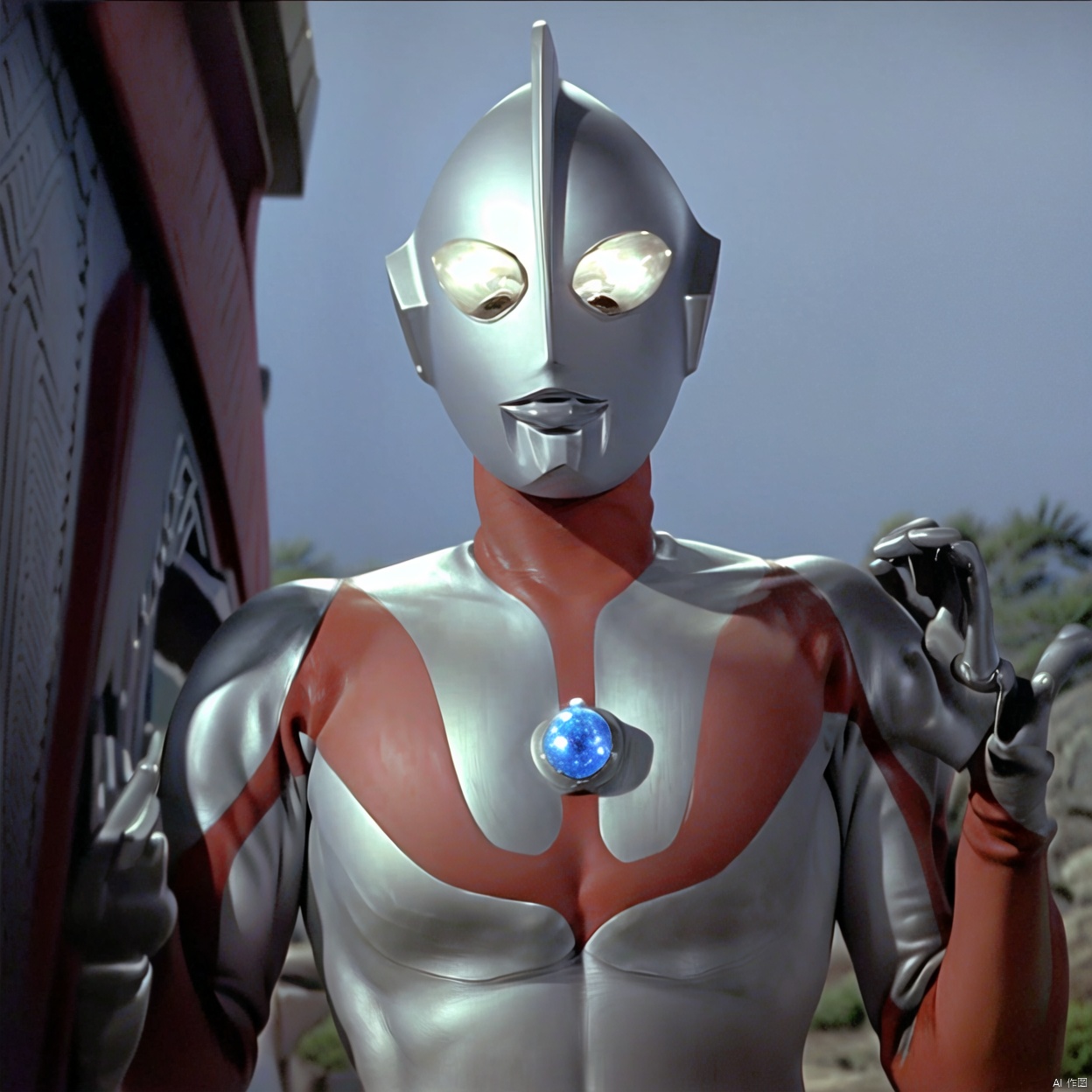 
white bodysuit,white gloves,legwear,gloves,boots,logo,cover,mask,plugsuit,gem,bodysuit,red pattern on body,white tight-fitting,white footwear,helmet,leather suit,ultraman,latex,