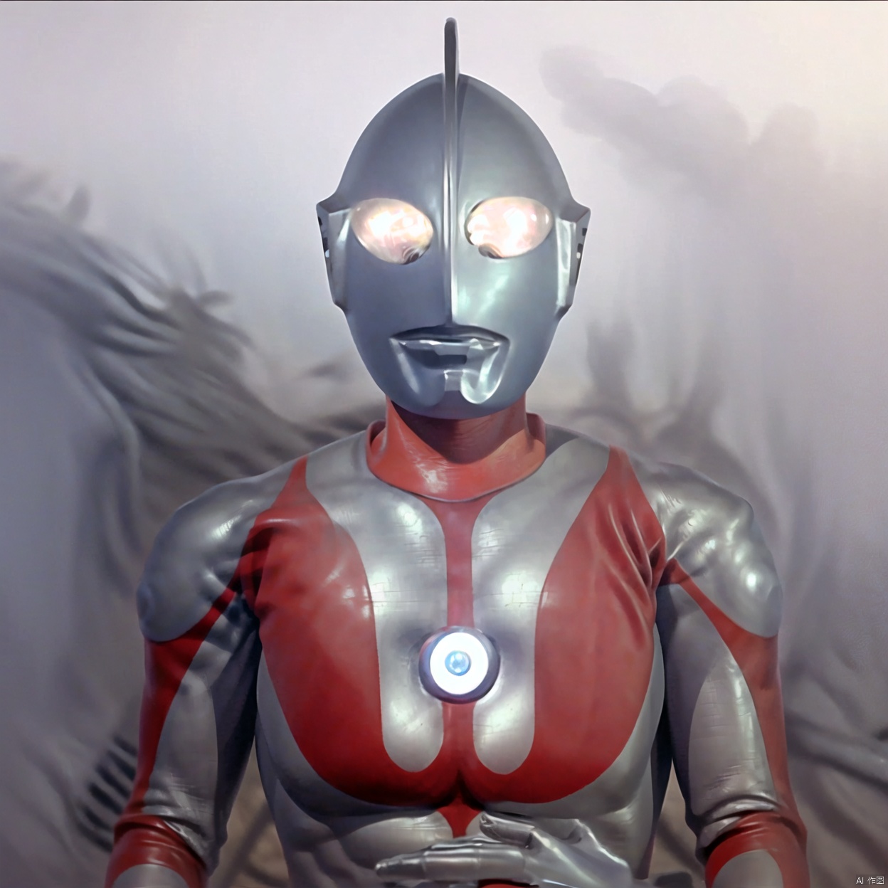 
white bodysuit,white gloves,legwear,gloves,boots,logo,cover,mask,plugsuit,gem,bodysuit,red pattern on body,white tight-fitting,white footwear,helmet,leather suit,ultraman,latex,