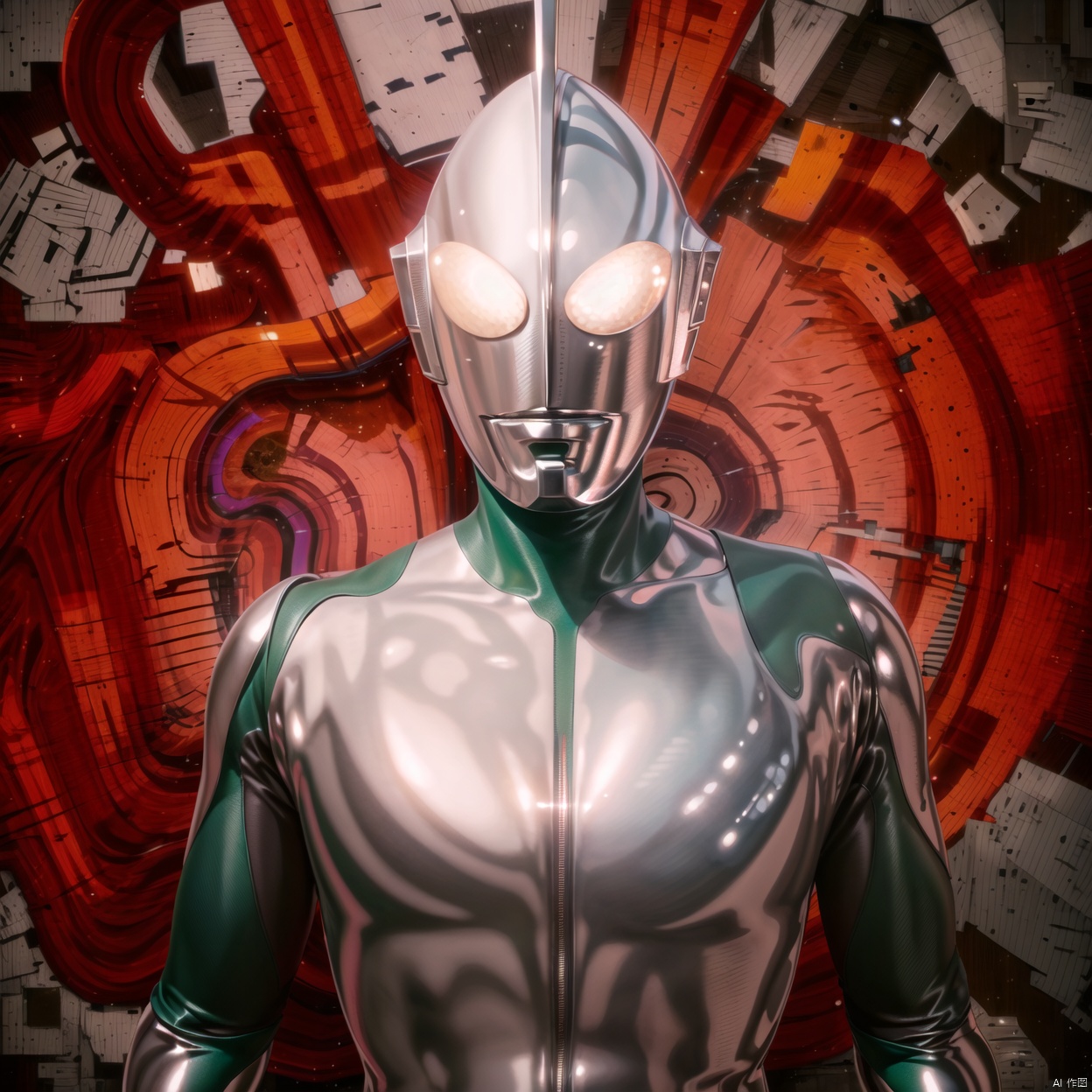 white bodysuit,white gloves,legwear,gloves,boots,logo,cover,mask,plugsuit,bodysuit,green pattern on body,white tight-fitting,white footwear,helmet,leather suit,ultraman,latex