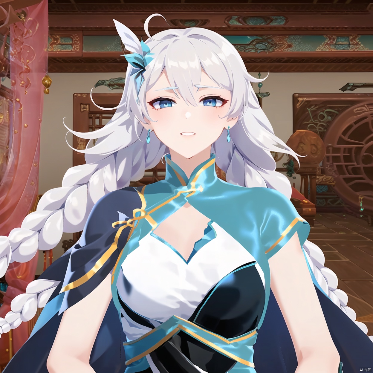 aqua, blue footwear, blue cape, high heels, bangs, hair ornament, jewelry, hair between eyes, earrings,chinese clothes,blue dress,thighhighs, white cuish, blue eyes, long white hair, twin braids