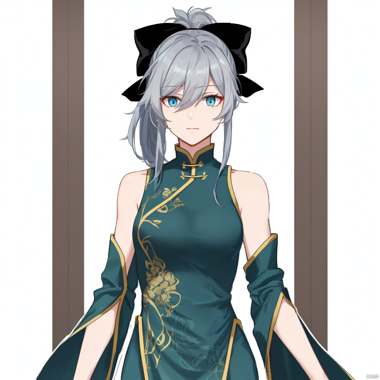 (white background:1.2),looking at viewer,(SOLO:1.4),outline,simple background,upper body, cowboy shot,looking at viewer,,outline,
(((arms at side))), blue eyes,hair between eyes,very long hair,chinese clothes,bare shoulders,china dress,grey hair,fu hua,jewelry,ponytail,wide sleeves,hair bow,blue bow,bangs,hair ornament,detached sleeves,green dress,aqua dress,messy hair