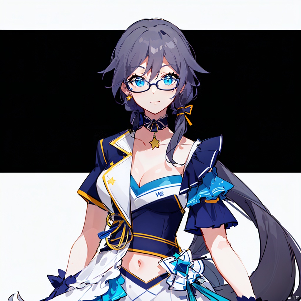 (white background:1.2),looking at viewer,(SOLO:1.4),outline,simple background,full body,looking at viewer,(((arms at side))), boots,shorts,hair between eyes,grey hair,braid,hair ornament,hat,bare shoulder,star choker,ribbon,blue gloves,choker,idol,star necklace,jewelry,jacket,glasses,fu hua,white footwear,skirt,idol clothes,high heels,shirt,thighhighs