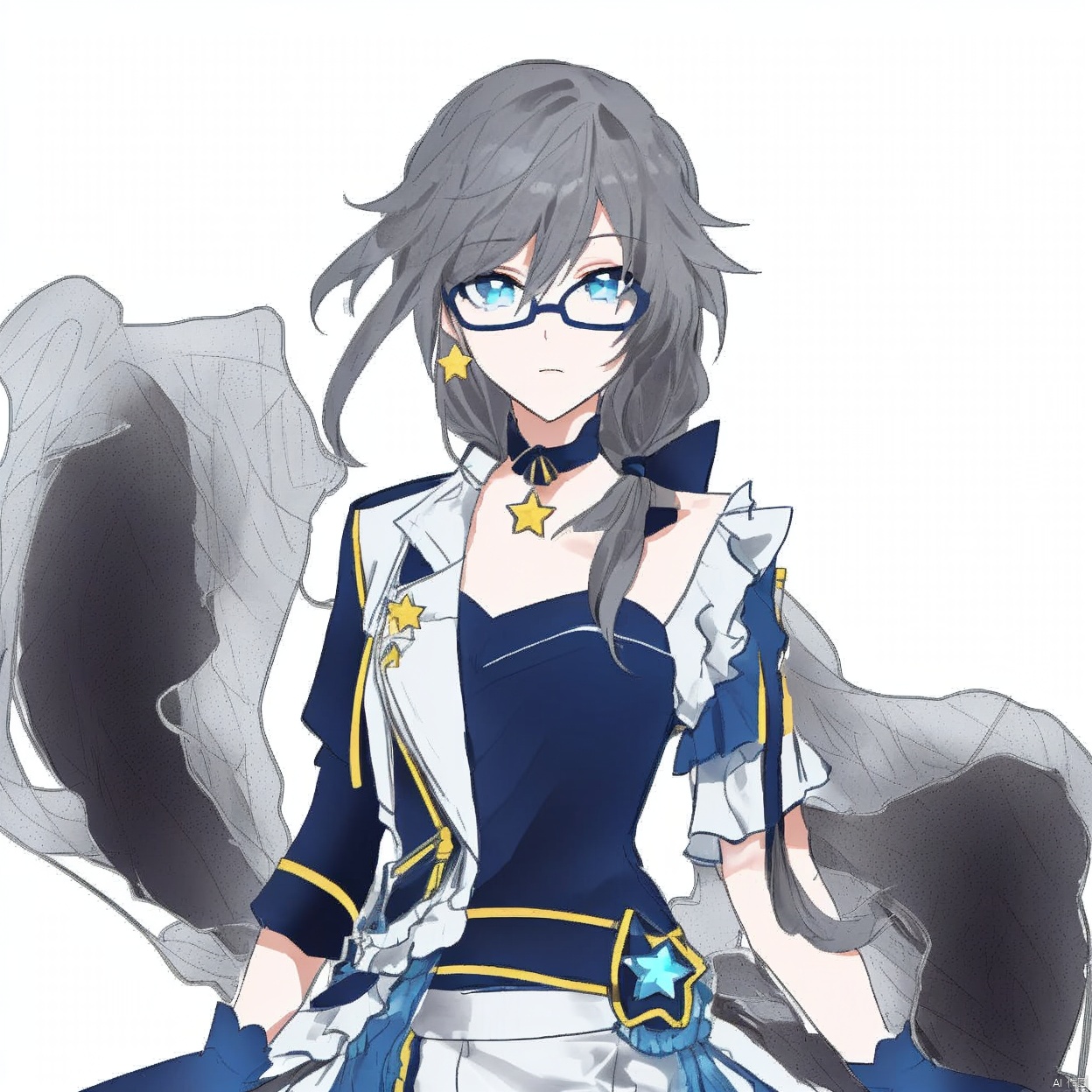 (white background:1.2),looking at viewer,(SOLO:1.4),outline,simple background,upper body, cowboy shot,looking at viewer,,outline,
(((arms at side))),hair between eyes,grey hair,braid,hair ornament,hat,star choker,bare shoulder,ribbon,blue gloves,idol,star necklace,jewelry,jacket,glasses,fu hua,skirt,idol clothes,shirt