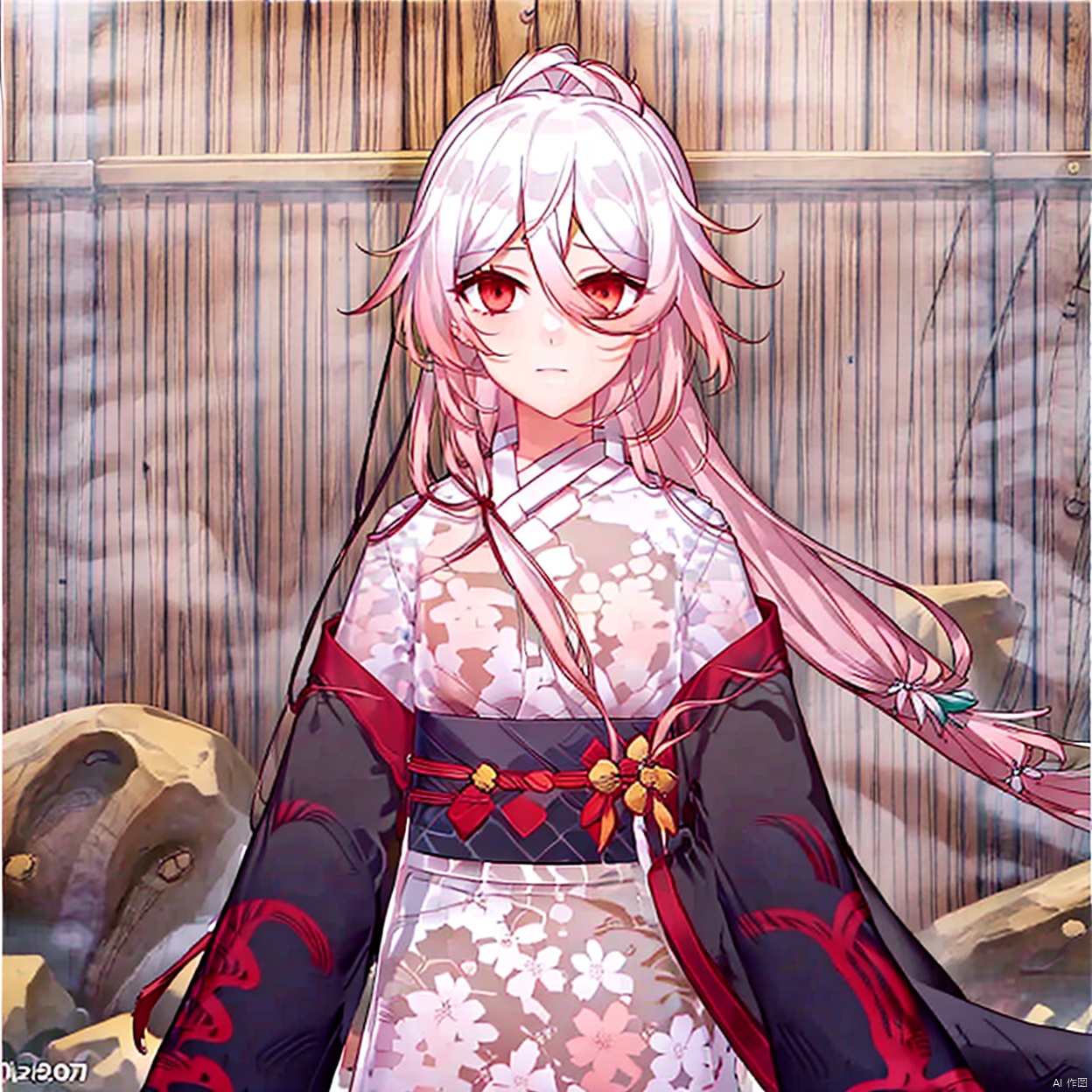  (masterpiece:1.3),(the best quality:1.2),(super fine illustrations:1.2),(Masterpiece),high quality,high detail,((white background:1.2)),looking at viewer,(SOLO:1.4),outline,simple background, solo,hair between eyes,red eyes,pink hair,multicolored hair,red hair,short kimono,jewelry,print kimono,very long hair,pink kimono,hair ornament,long sleeves,kimono,japanese clothes,white hair,fu hua