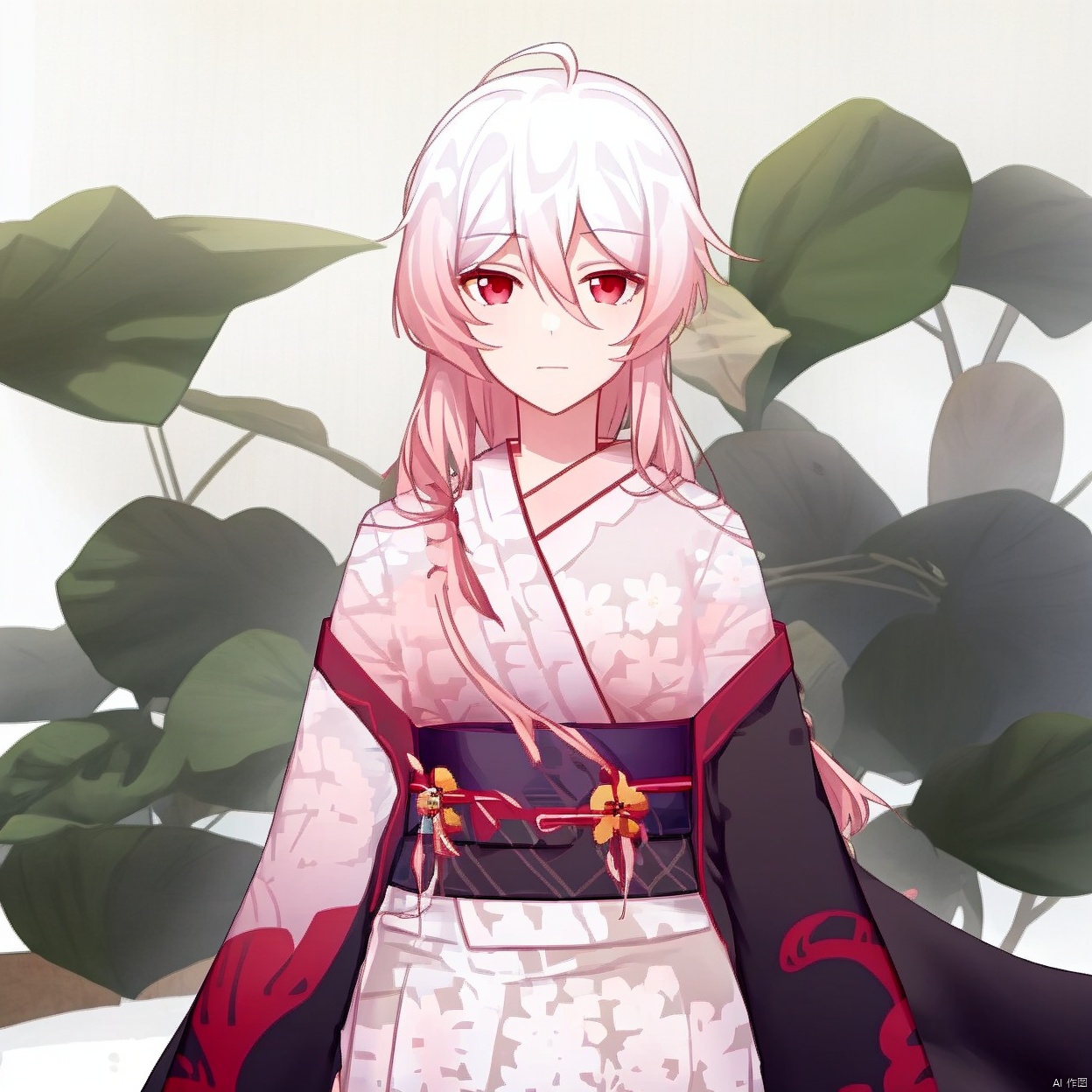 (white background:1.2),looking at viewer,(SOLO:1.4),outline,simple background,upper body, cowboy shot,looking at viewer,,outline,
(((arms at side))),hair between eyes,red eyes,pink hair,multicolored hair,short kimono,jewelry,print kimono,very long hair,pink kimono,hair ornament,japanese clothes,white hair,fu hua,long sleeves