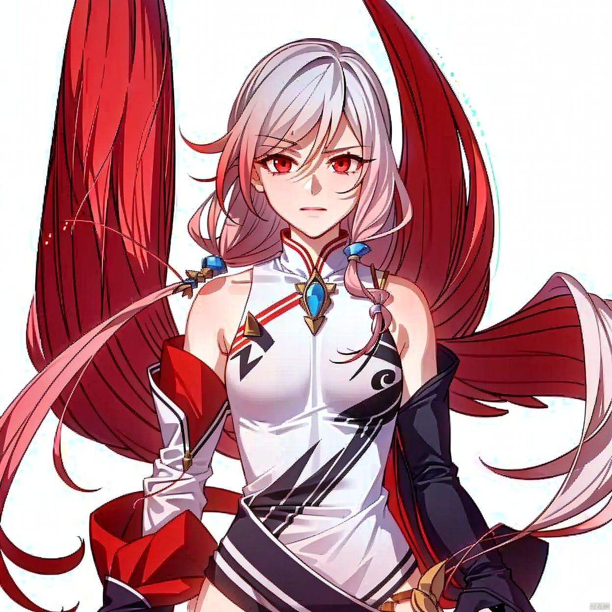  (masterpiece:1.3),(the best quality:1.2),(super fine illustrations:1.2),(Masterpiece),high quality,high detail,((white background:1.2)),looking at viewer,(SOLO:1.4),outline,simple background, long hair,detached sleeves,hair ornament,red eyes,bangs,hair between eyes,bare shoulders,chinese clothes,high heels,multicolored hair,dress,fu hua,wide sleeves,white dress,braid,china dress,white hair,jewelry,red hair,long sleeves,gem,streaked hair